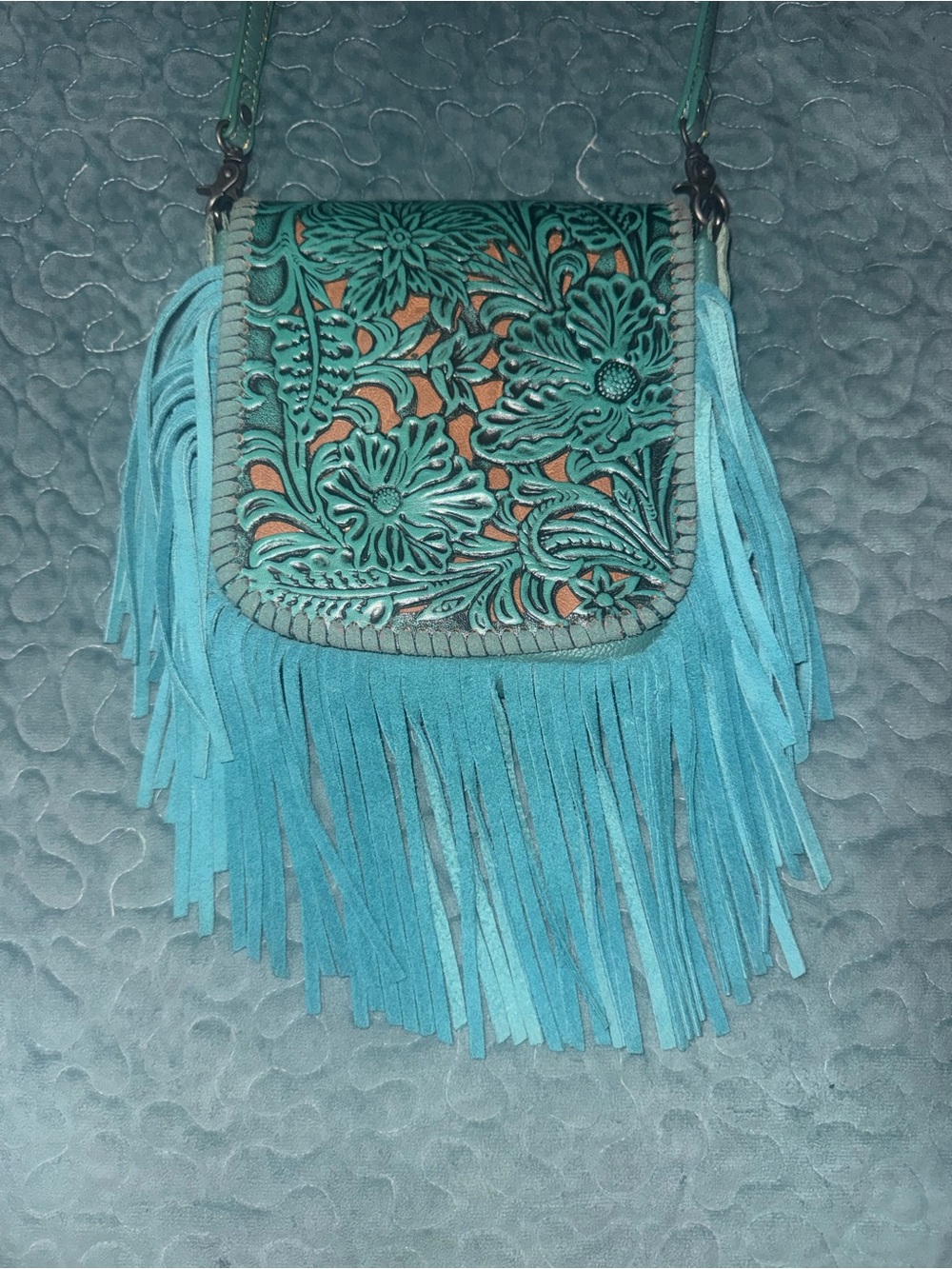 Teal Floral Tooled Fringe Crossbody Bag - Women's Shoulder Purse